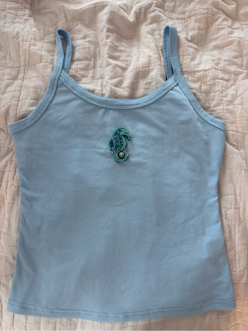 Light Blue Ribbed Tank Top with Seahorse Embellishment